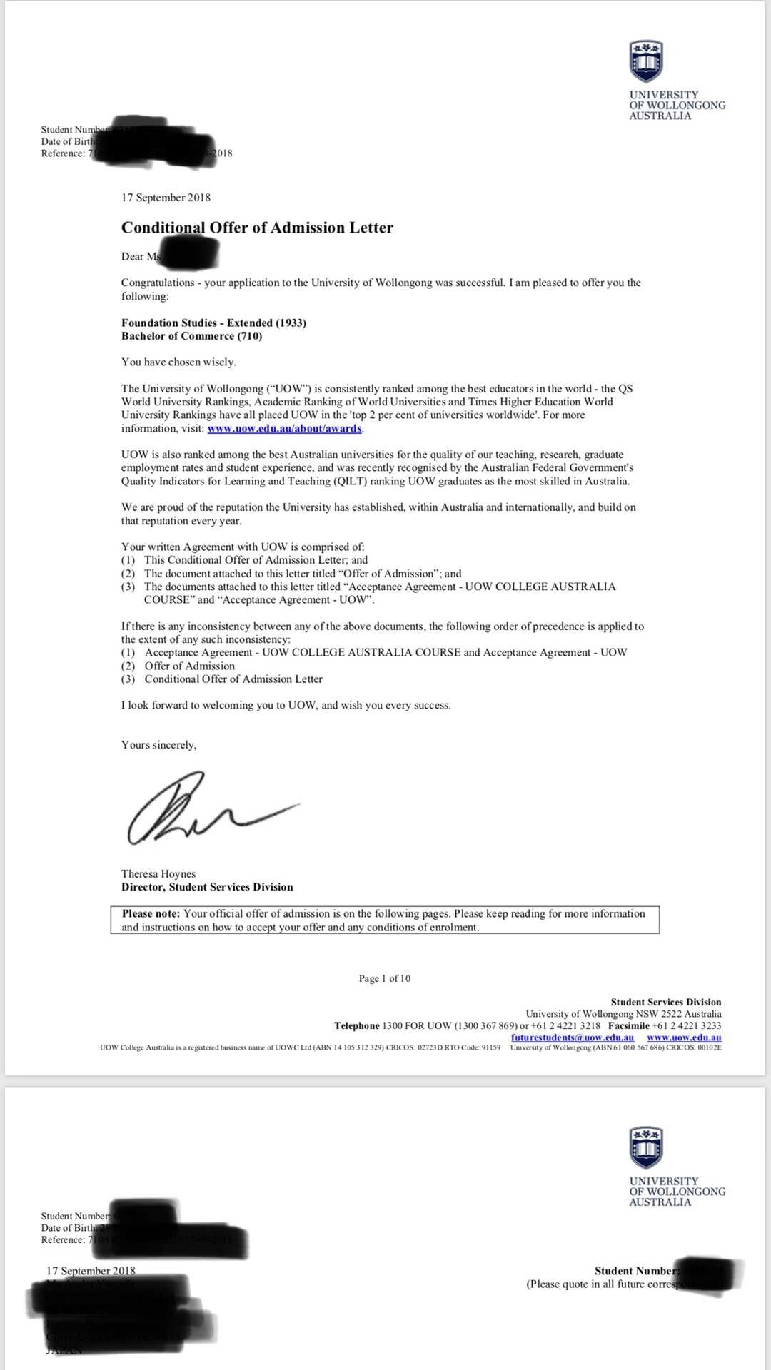 University Of Wollongong s Conditional Offer Letter MEGA